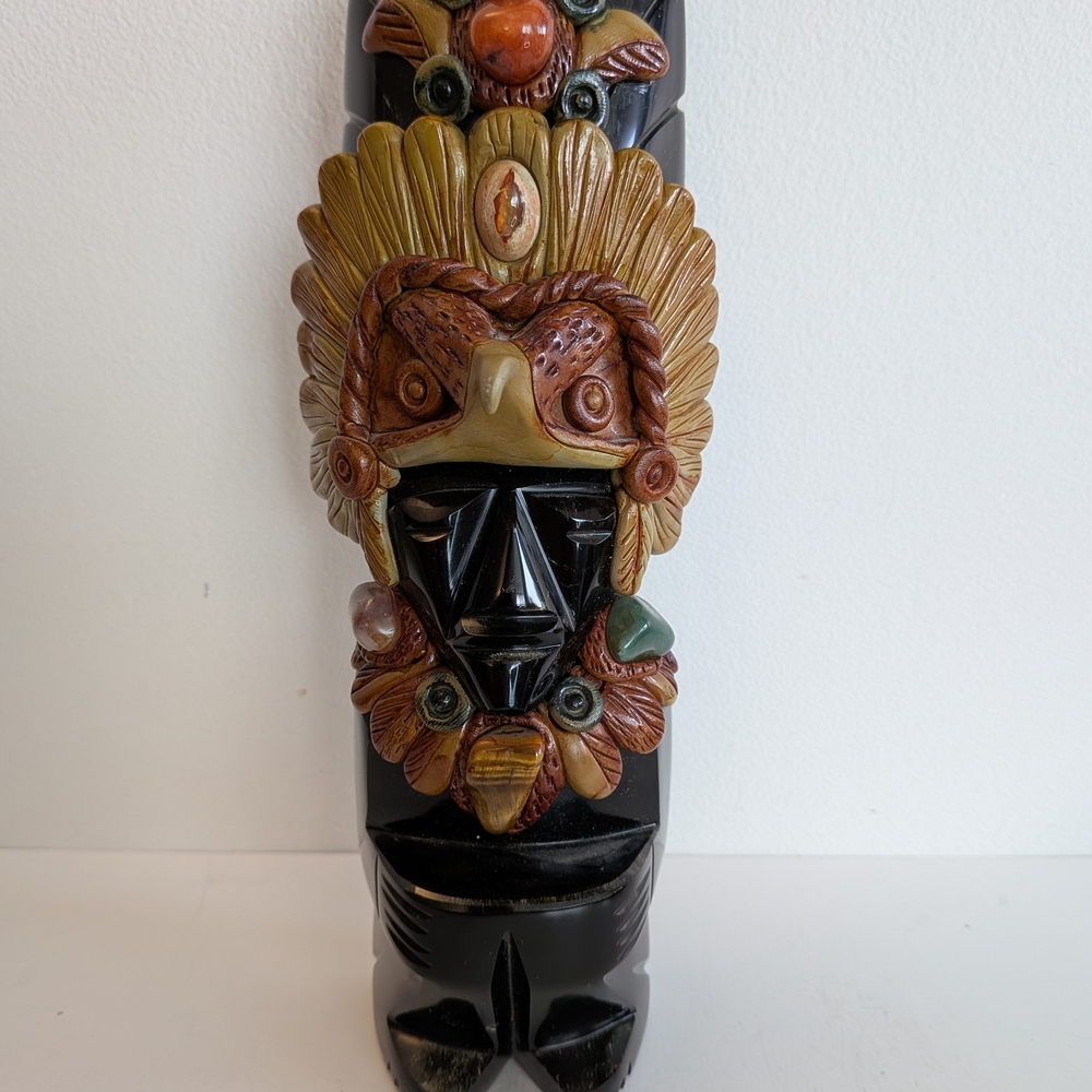 Black Obsidian Aztec Tribal Totem Bookend Mixed Stone Carved Statue Eagle Onyx